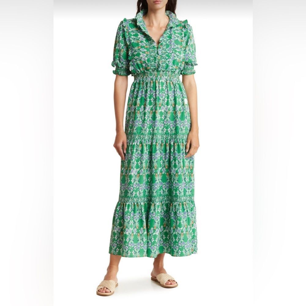 Max Studio Green and White Tiered Ruffled Sundress